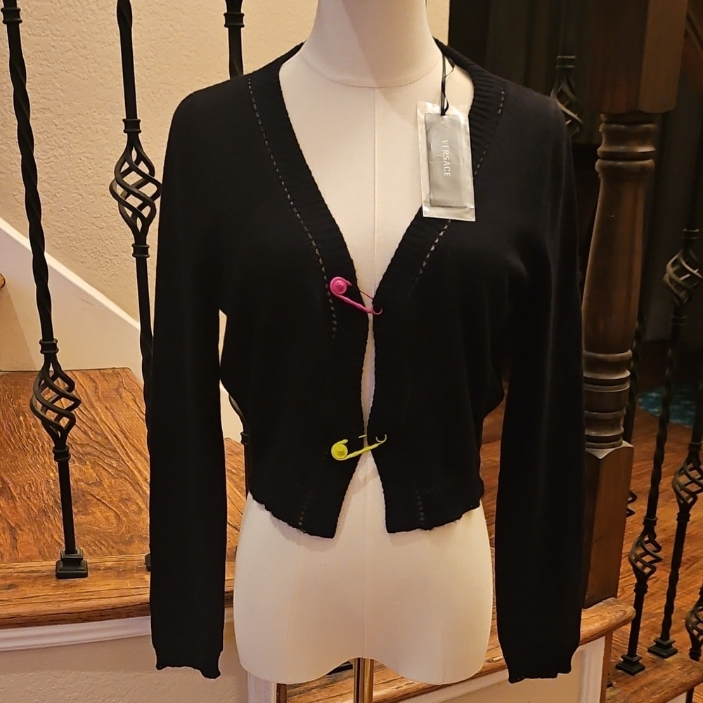 Versace Black Knit Cropped Cardigan with Decorative Stitching